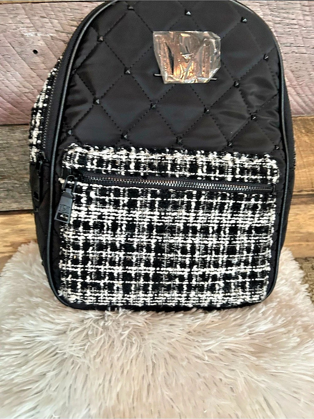 Badgley Mischka Women's Tweed Accent Backpack in Black & White